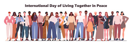 International Day of Living Together in Peace. Multiethnic group of people stand together. They convey the concept of teamwork, unity, friendship, and support. Flat vectorのイラスト素材