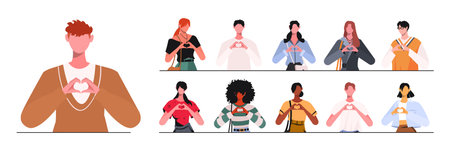 A group of young and modern individuals are forming a heart shape with their hands. This banner...