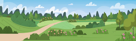 View of summer landscape. Valley with trees, plants, green grass, hills, field, forest and blue sky background. Modern flat vector illustrationのイラスト素材