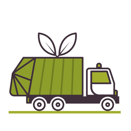 Garbage truck icon on white background. Trash recycling and reuse. Caring for environment, nature and ecology, reducing release of hazardous waste. Flat vector illustrationのイラスト素材