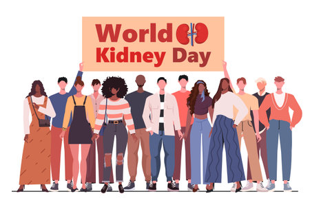 World Kidney Day. Young modern men and women with a holds a banner in her hands with the inscription World Kidney Day. Human Kidney health concept. Vector illustration. Not AIのイラスト素材