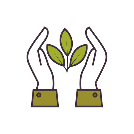 Hands holding plant icon. Symbol of care, protection, charity. Nature protection and conservation, care of green environment, ecology concept. Flat vector illustration. Not AI generatedのイラスト素材