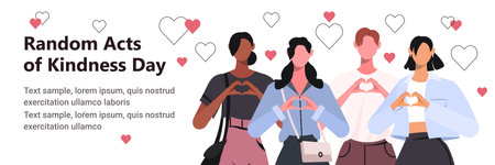 Random Acts of Kindness Day is celebrated every February 17. Young people showing hands in heart shape. Vector illustration. Not AI generatedのイラスト素材