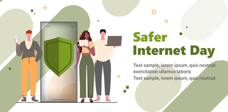 Safe Internet Day. Green Shield on smartphone screen. People surfing internet. Concept of cybersecurity and data protection. Vector illustration. Not AI generatedのイラスト素材