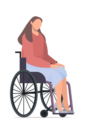 Young modern woman sitting on wheelchair in casual, elegant, business outfit. Female character dressed in a blue skirt and brown sweater. Female office worker. Vector illustration. Not AI generatedのイラスト素材