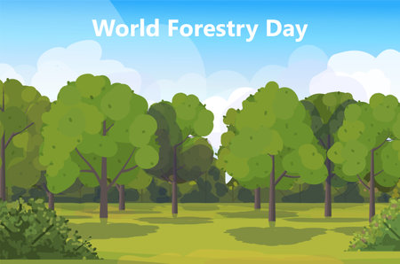 On the 21st of March, World Forestry Day is commemorated. Summer forest landscape. Illustration for websites, awareness post wallpaper and background design for social media. Vector illustration Not AI generatedのイラスト素材