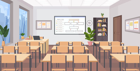 Empty school class room, college or university training room with chalkboard, teacher table, desks, bookshelf, houseplants, clock, chairs. Education concept. Vector illustration Not AI generatedのイラスト素材