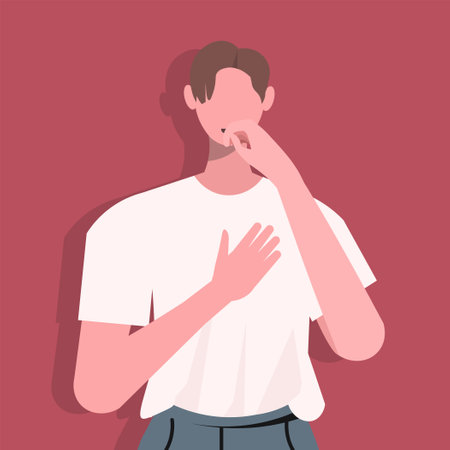 A sick man is coughing and feeling unwell. He covers his mouth with his hand. He has a sore, itchy throat and flu-like symptoms. These symptoms are caused by a cold, asthma, allergies, or bronchitis. Vector Not AI generatedのイラスト素材