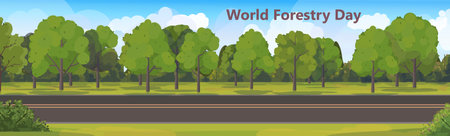 World Forestry Day. Summer scenery panorama. Landscape with forest, green grass, trees, shrubs, road, sky and clouds. Vector illustration Not AI generatedのイラスト素材