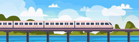 A modern high-speed train crosses a railway bridge over the sea. Travel, journey, and tourism banner. Vector illustration. Not AI generatedのイラスト素材