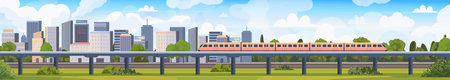 Urban landscape buildings featuring, trees, and roads, with a modern high-speed train traveling...