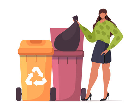 Female character throwing trash bag in trash can on white background. Concept of environmental care and responsible waste disposal. Vector illustration Not AI generatedのイラスト素材