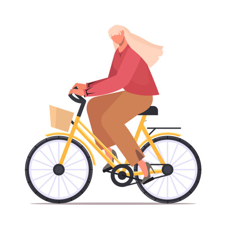 Young woman in casual clothes riding bicycle on white background. Ecological vehicle of transportation. Vector Not AI generatedのイラスト素材