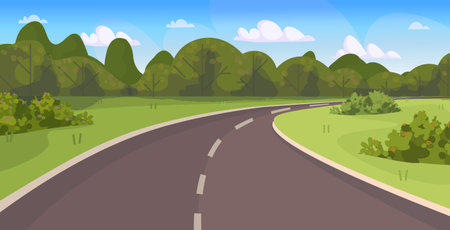 A quiet country road stretching through untouched natural landscape under a clear sky. Vector illustration. Not AI generatedのイラスト素材