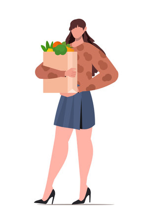 Woman holding paper package full of vegetables, greens, food products. Young female embracing green living and healthy diet. Vector illustration Not AI generatedのイラスト素材
