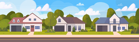 Town panorama with road, sidewalk, houses in urban residential district. Suburb village landscape. Suburban lifestyle calm streets, nature, and residential charm. Vector Not AI generatedのイラスト素材