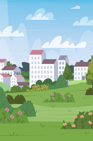 Cartoon vertical vector landscape with green grass, flowers, shrubs, sky with white clouds and buildings in a simple minimal geometric flat style. Perfect for topics related to nature, countryside living, and eco homes. Vector Not AI generatedのイラスト素材