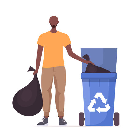 Male character throwing trash bag in trash can on white background. Vector illustration Not AI generatedのイラスト素材