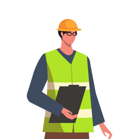 Portrait of a construction worker or engineer wearing a safety high-visibility vest isolated on white background. Vector illustration Not AI generatedのイラスト素材