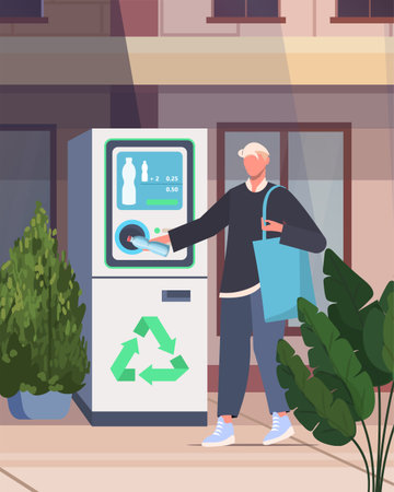 Bottle recycling machine. Eco-conscious lifestyle young man using bottle return machine. Vector illustration Not AI generatedのイラスト素材