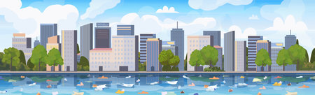 Plastic garbage pollution in sea, river or lake water and city buildings on skyline. Vector Not AI generatedのイラスト素材