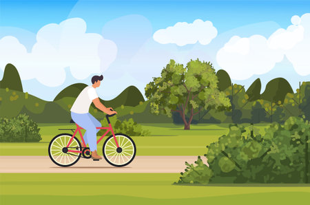 Young man riding bicycle through scenic green park on sunny day. Active lifestyle, outdoor recreation, healthy living concept. Trees, grass, blue sky and clouds in background. Vector Not AI generatedのイラスト素材