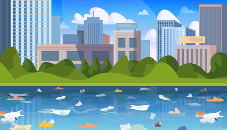 Urban aquatic pollution caused by plastic litter floating close to city skyline. Vector Not AI generatedのイラスト素材