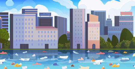 Cityscape overlooking polluted waters filled with plastic trash. Vector Not AI generatedのイラスト素材