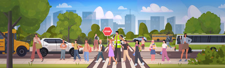 Teacher in a reflective vest holding road sign stop and school kids cross the street by crosswalk. Schoolchildren walking to school. Vector Not AI generatedのイラスト素材