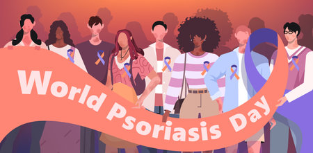 World Psoriasis Day. Skin diseases. Group of people holding purple and orange ribbon. Vector Not AI generatedのイラスト素材