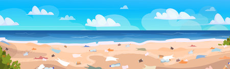 Pollution on a tropical beach with plastic debris and trash contaminating the natural coastline. Environmental pollution. Ecological problem. Vector Not AI generatedのイラスト素材