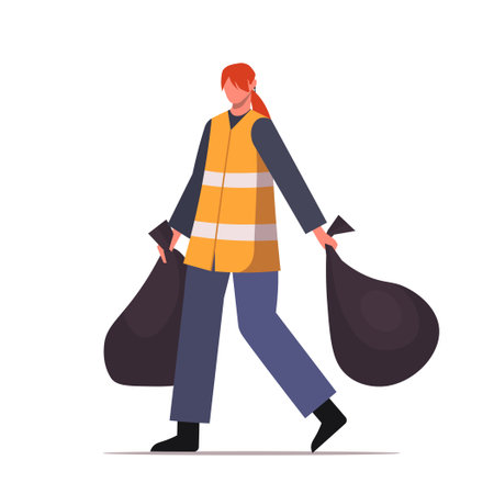 A female janitor in an orange reflective vest is carrying two bags of garbage for waste sorting and recycling. Cartoon street cleaner worker. Vector Not AI generatedのイラスト素材