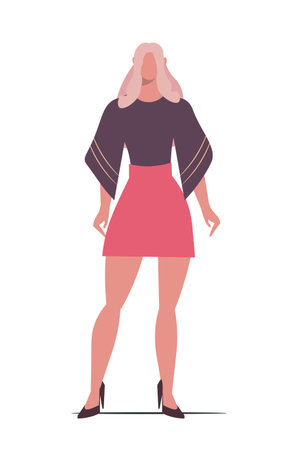 Illustration of a stylish woman with long pink hair, wearing a dark top, a short pink skirt, and high heels. Female character isolated on white background. Vector Not AI generatedのイラスト素材