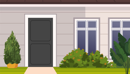 An illustration of the exterior of a residential building in a suburban neighborhood with featuring a front door, wall, windows, a driveway, a green lawn in the front yard, shrubs, and a potted plant. Vector Not AI generatedのイラスト素材