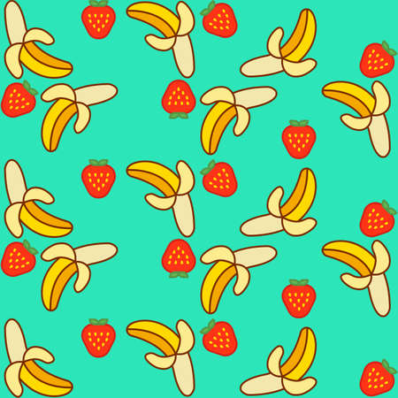 Geometric background with banana and strawberry on the grid. Vector illustrationのイラスト素材