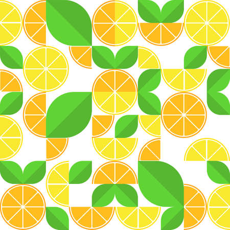 Round lemon and orange slices, seamless pattern. Bright tropical fruits. Vector illustrationのイラスト素材