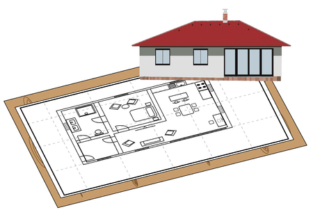 House Proposal on paper and model of the facade at the cornerのイラスト素材