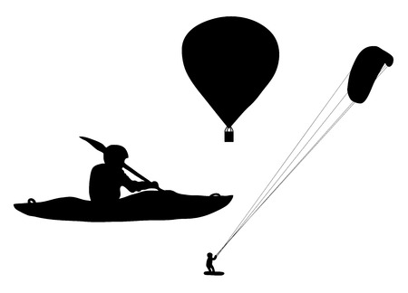 Black silhouette extreme sports ballooning, kayaking and kiteboardingのイラスト素材