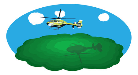 Flying helicopter in the sky with a shadow on a green mountainのイラスト素材