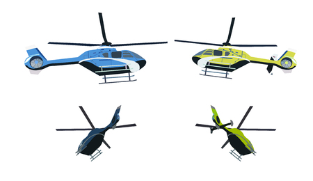 Blue and yellow helicopter on the side and on departureのイラスト素材