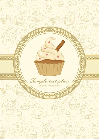 Elegant frame on seamless wallpaper with cupcakeのイラスト素材