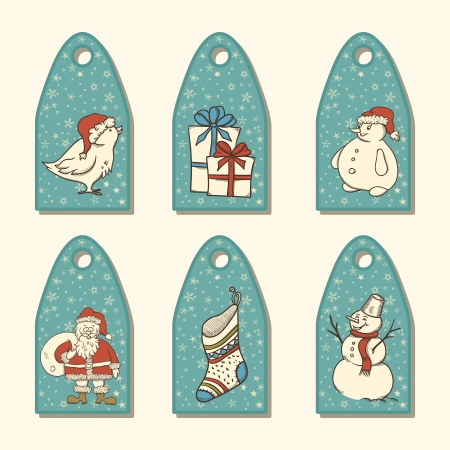 Set of Christmas tag with hand drawn elements and snowflakes のイラスト素材