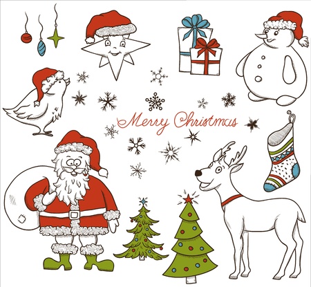 Christmas seamless pattern with deer, snowman, snowflakes, etc  Hand drawnのイラスト素材