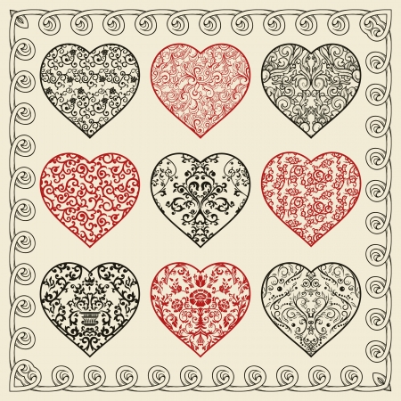 Set of nine ornate heartsのイラスト素材