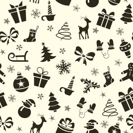Vintage Christmas seamless pattern with deer, snowman, tree, sled, candle, etcのイラスト素材