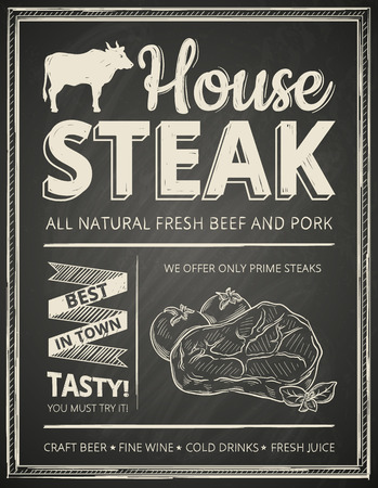 Steak house poster stylized like sketch drawing on the chalkboard.Vector illustration.のイラスト素材