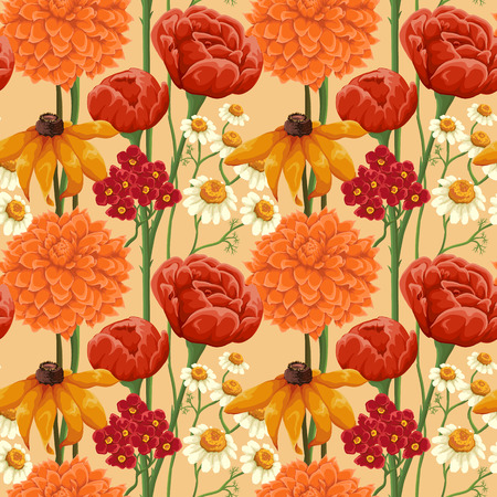 Floral seamless patterns with roses, chamomile and other flowersのイラスト素材
