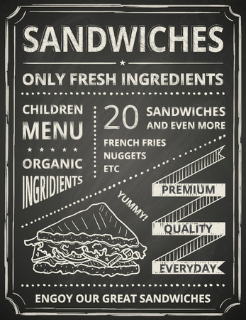 Sandwich poster on blackboard. Stylized like chalk draw.のイラスト素材