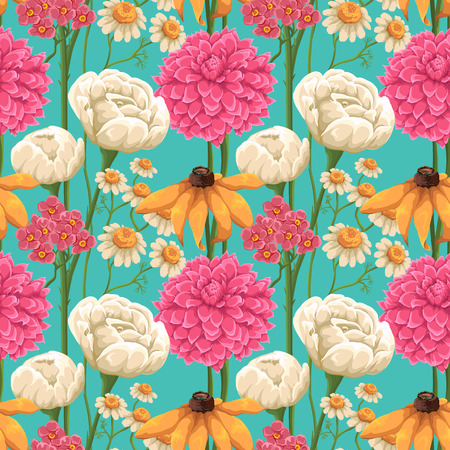 Floral seamless patterns with roses, chamomiles and other flowersのイラスト素材