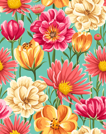 Spring seamless pattern with bright flowersのイラスト素材